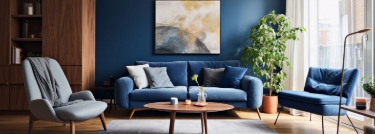 Interieurmodel met blauwe bank en een poster aan de muur, houten tafel en decor in een blauwe woonkamer.