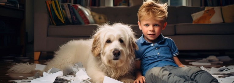 Een hond en een kind die papieren vernietigen en kattenkwaad uithalen midden in een kamer