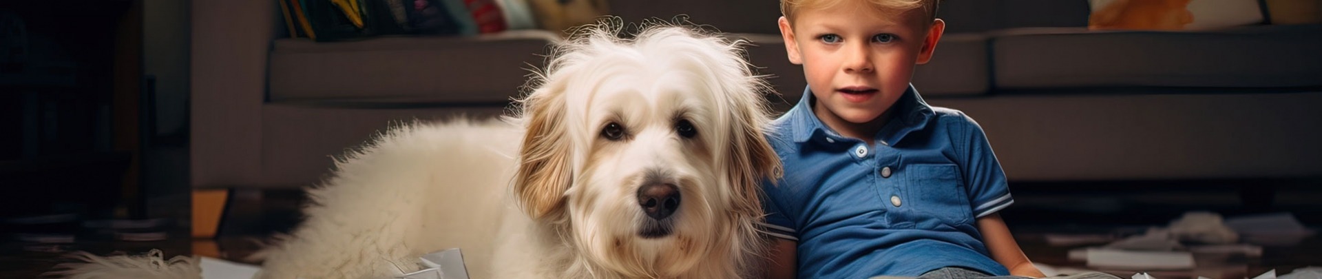 Een hond en een kind die papieren vernietigen en kattenkwaad uithalen midden in een kamer